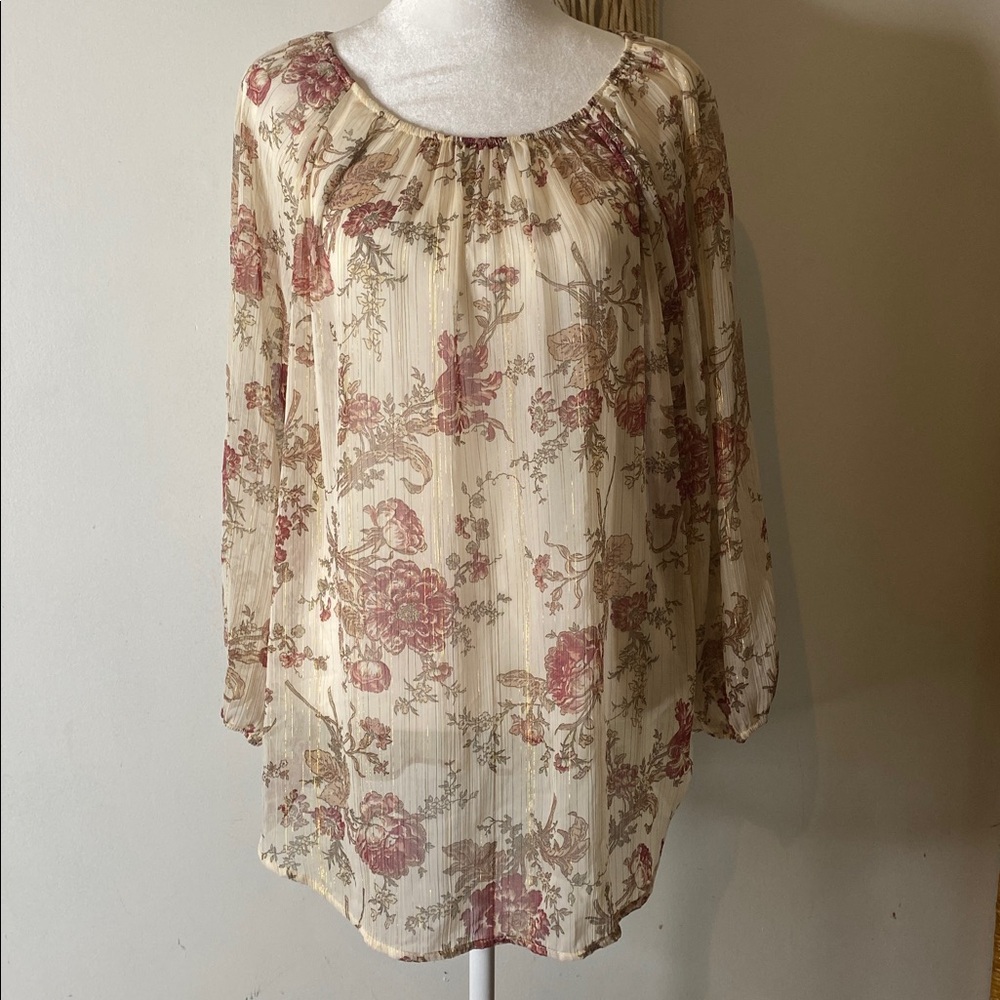 Chaps  large sheer floral Tunic blouse gathered neckline sleeves cottagecore